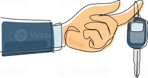 Single one line drawing hand holding hanging car key and alarm system. Hand holding car key with ...