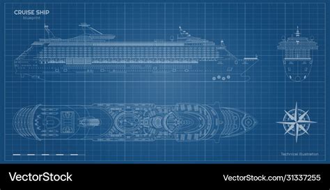 Outline blueprint cruise ship side top front Vector Image