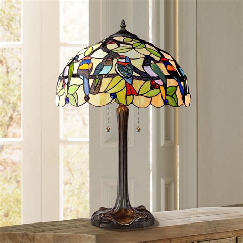 Robert Louis Tiffany Traditional Table Lamp Bronze Tropical Birds Stained Glass Shade for Living ...