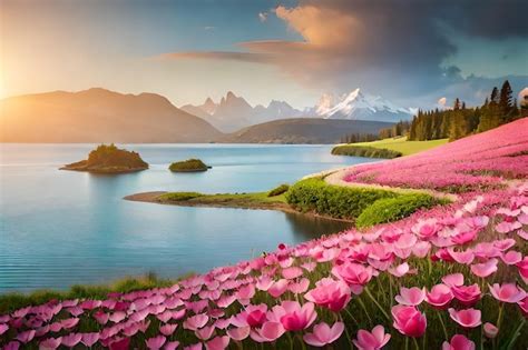 Premium AI Image | Pink flowers by the lake