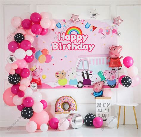 Perfect Arrangement- one piece of Peppa Happy Birthday backdrop 5×7Ft, 2pcs 18-in pink latex ...