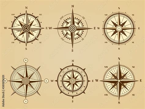 Wind rose. Nautical marine travel symbols for ancient ocean navigation map vector retro symbols ...