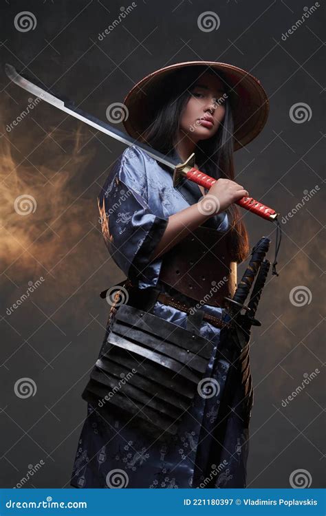 Japanese Woman Fighter Wearing Straw Hat and Kimono Stock Image - Image ...