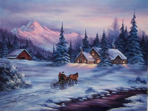 a painting of a horse drawn sleigh in the middle of a snowy landscape