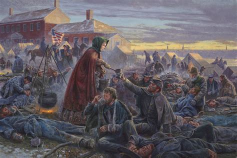 Clara Barton and Walt Whitman nursing injured soldiers on the battlefield. Artist: Mort Kuntsler ...