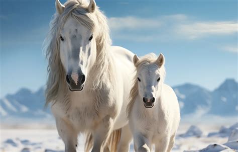 Wallpaper winter, white, look, light, snow, mountains, horse, horses ...