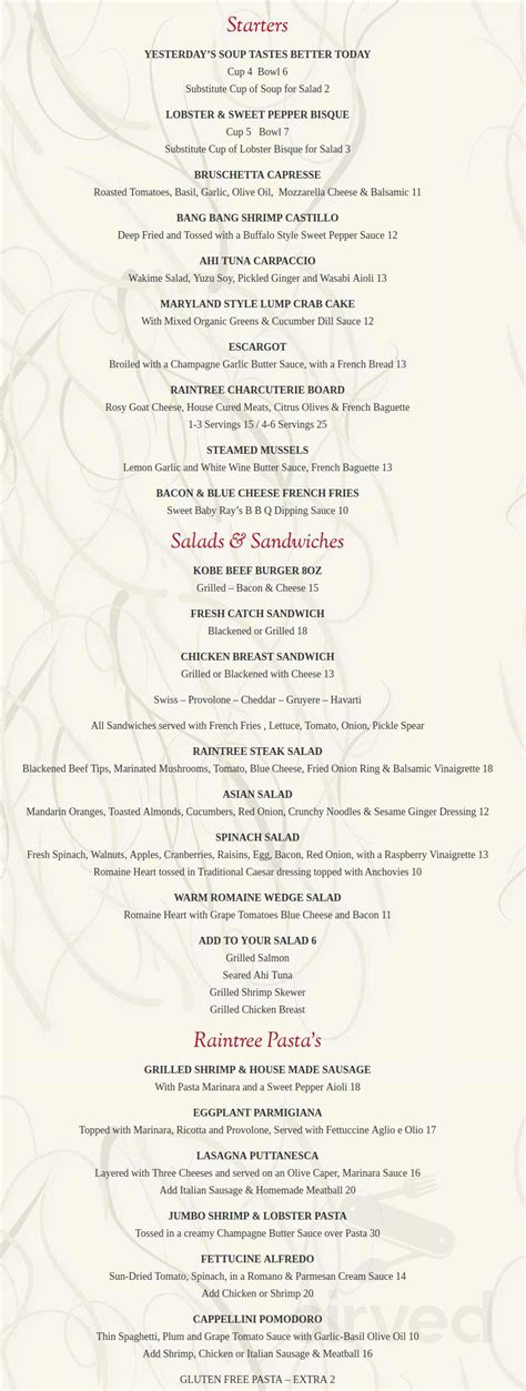 Raintree Restaurant menu in St. Augustine, Florida, USA