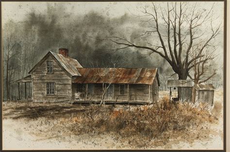 Lot 485: Jim Gray watercolor, Rural Farmhouse in Winter