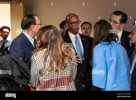 New York, USA. 06th Nov, 2023. Ambassador of US Robert Wood (C) seen after SC consultations on ...