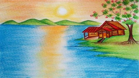 Landscape Nature Drawing Natural Scenery Drawing – How To Draw Nature Scenery With Sunrise ...