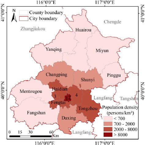 Population density of districts in Beijing.1, 2, 3, and 4 represent ...