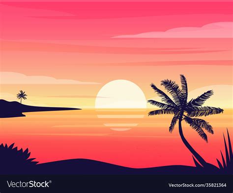 Beautiful sunrise on beach sea view with palm Vector Image