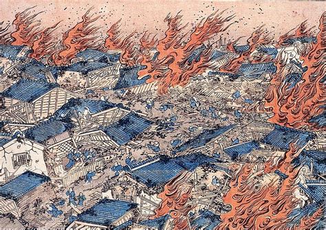 Japanese fire scene showing the type of devastation caused by fire in Edo Period Japan ...