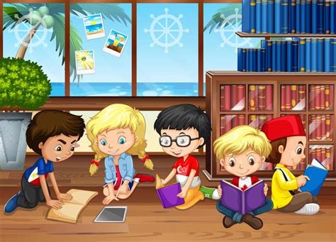 Children reading books in the library 682897 Vector Art at Vecteezy