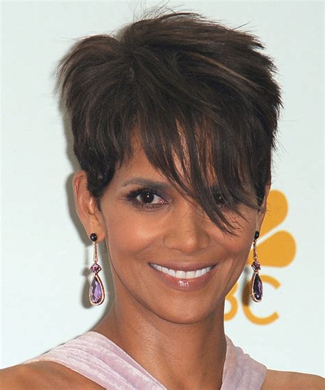 Halle Berry Short Straight Dark Brunette Hairstyle with Side Swept Bangs