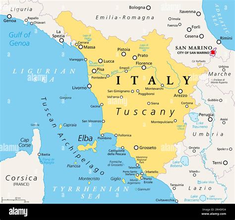 Tuscany, region in central Italy, political map with many popular tourist spots like Florence ...