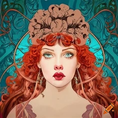 Art nouveau illustration of a beautiful redheaded woman