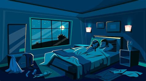 Lovers sleep in bed illustration of bedroom in night with scattered undressed clothes | Free Vector