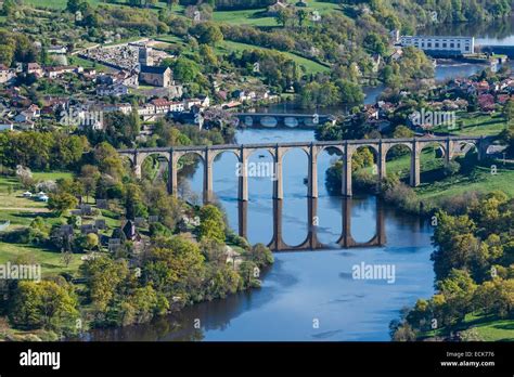 France, Vienne, L'isle Jourdain, the viaduct over the Vienne river and the village (aerial view ...