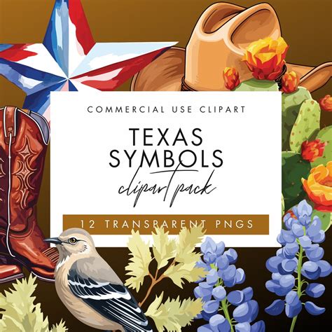 Texas State Symbols Downloadable Clipart Pngs Gouache Art Cowboy Boots ...