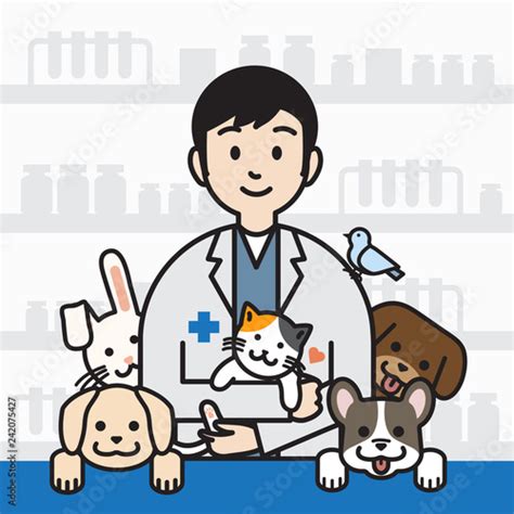 "Male veterinarian surrounded with pet in vet clinic, outline cartoon" Stock image and royalty ...