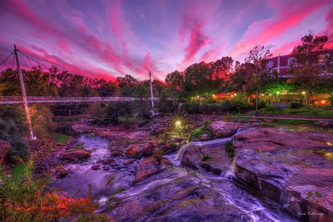 The Resplendent Red Sunset Reedy River Falls Park Greenville SC Landscape Cityscape Art ...