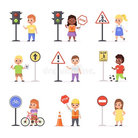 Kids Road Signs. Children Learn Road Rules, Boys and Girls with Traffic ...