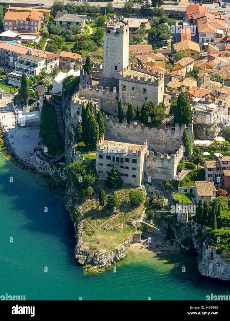 Aerial view, Castello di Malcesine, Malcesine Castle, Lake Garda, Lago ...