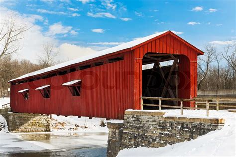 Red Covered Bridge with Snow | Stock image | Colourbox