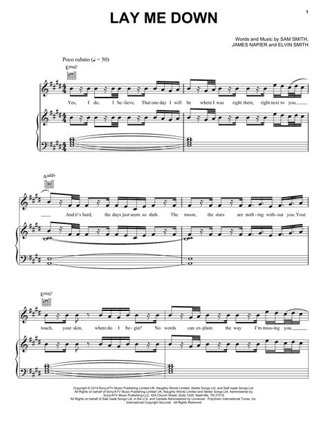 Lay Me Down by Sam Smith Sheet Music for Piano, Vocal & Guitar Chords ...