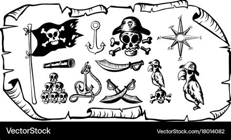 Treasure map with many pirate symbols Royalty Free Vector