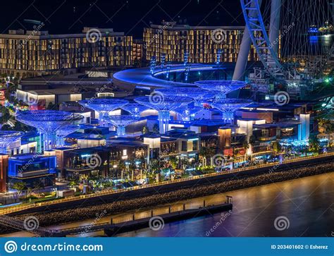 Dubai, UAE - January 6, 2020: Bluewaters Island Dubai in Night Illumination Close-up Editorial ...