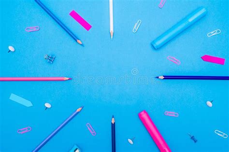 Back To School Concept. Top View School Supplies and Stationery on a Student Desk on Blue ...