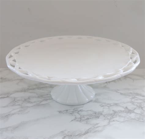 Vintage Milk Glass Cake Stand with Lace Rim / Wedding Cake