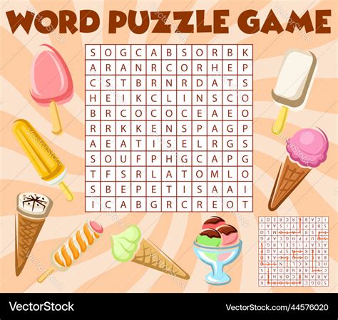 Ice cream word search puzzle game worksheet grid Vector Image