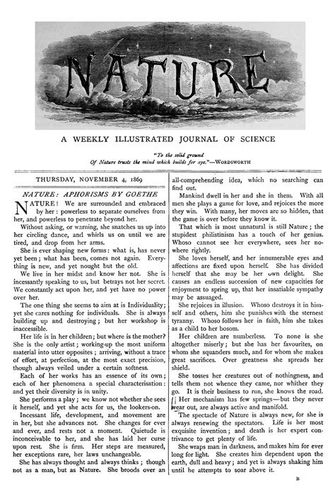 Cover of the first issue of Nature, 4 November 1869. Nature: Aphorisms ...