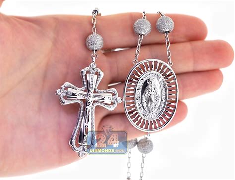 Mens Diamond Rosary Beads Cross Necklace 14K White Gold 9.31ct