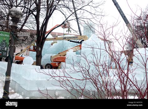 Building an ice castle in Rice Park for Winter Carnival. St Paul Minnesota MN USA Stock Photo ...