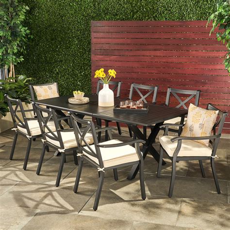 Eowyn Outdoor 9 Piece Cast Aluminum Dining Set with Ivory Water Resistant Cushions, Black ...