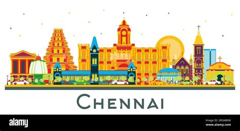 Chennai India City Skyline with Color Landmarks Isolated on White ...