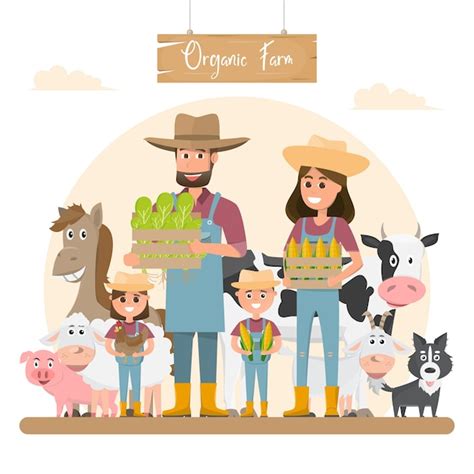 Personnage De Dessin Animé Famille Agriculteur Avec Des Animaux Dans Une Ferme Rurale Biologique ...