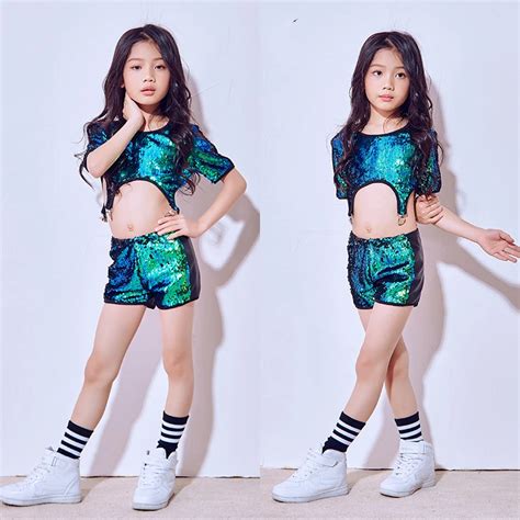 2018 Hip Hop Dance Costume Kids Girls Jazz Suit Short Sleeve Sequin ...