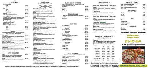 Great Lakes Grinders & Restaurant menu in Muskegon, Michigan