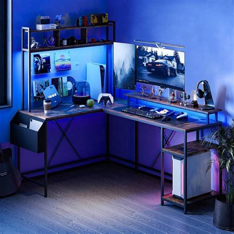 L Shaped Desk Gaming Desk With LED Lights & Power Outlets,Reversible L-Shaped Computer Desk With ...