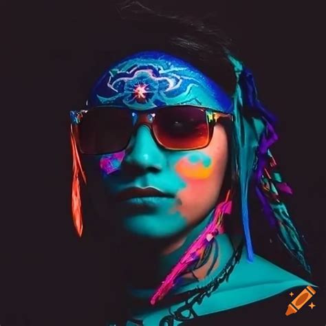 Nonbinary shaman with eye tattoos and colorful sunglasses on Craiyon