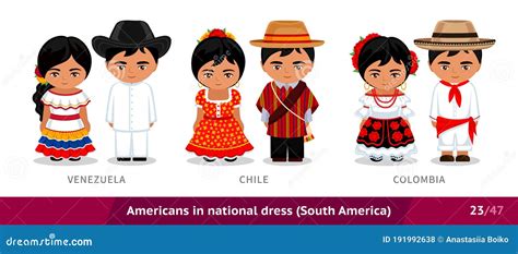 Venezuela, Chile, Colombia. Men and Women in National Dress. Set of Latin Americans Wearing ...