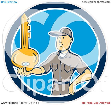 Clipart of a Cartoon Caucasian Male Locksmith Holding out a Giant Gold Key in a Blue Taupe and ...