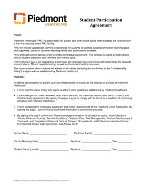 Fillable Online Student Participation Agreement - Piedmont Healthcare ...