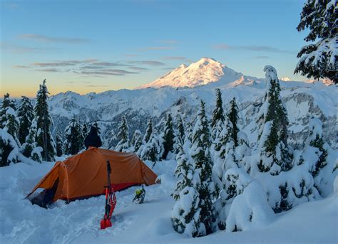 Snow camping for the first time was a success. First Light Shining on Mount Baker from Artist ...