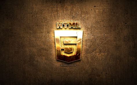 HTML5 golden logo, programming language, brown metal background, creative, HTML5 logo, HD ...